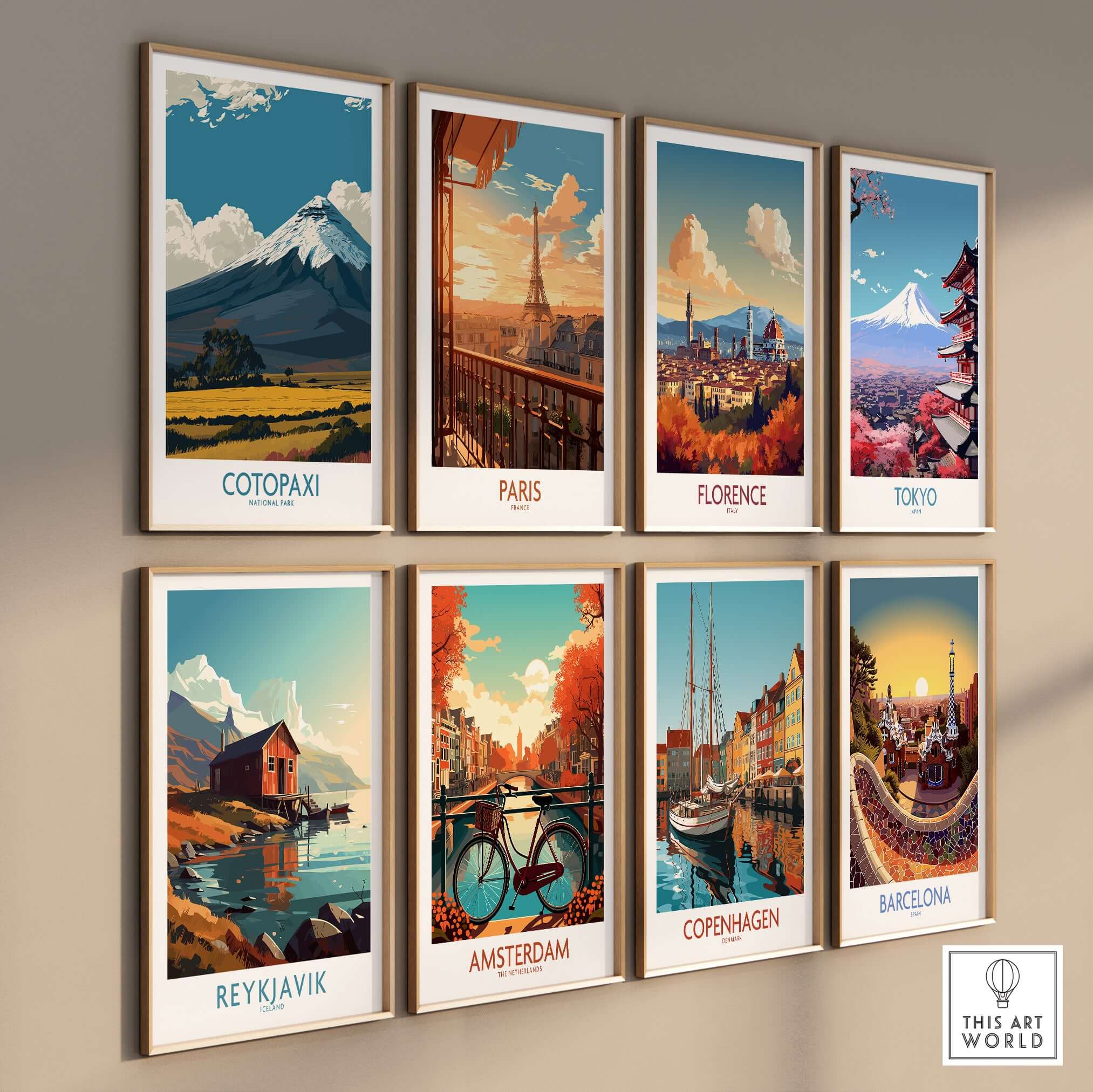Ecuador Landscape Print Cotopaxi Volcano National Park Travel Poster Wall Art collection displayed in modern frames.
