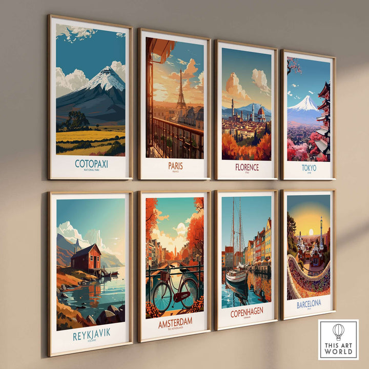A collection of travel posters featuring iconic landmarks like Cotopaxi, Eiffel Tower, and Tokyo's Mt. Fuji, perfect for wall art.