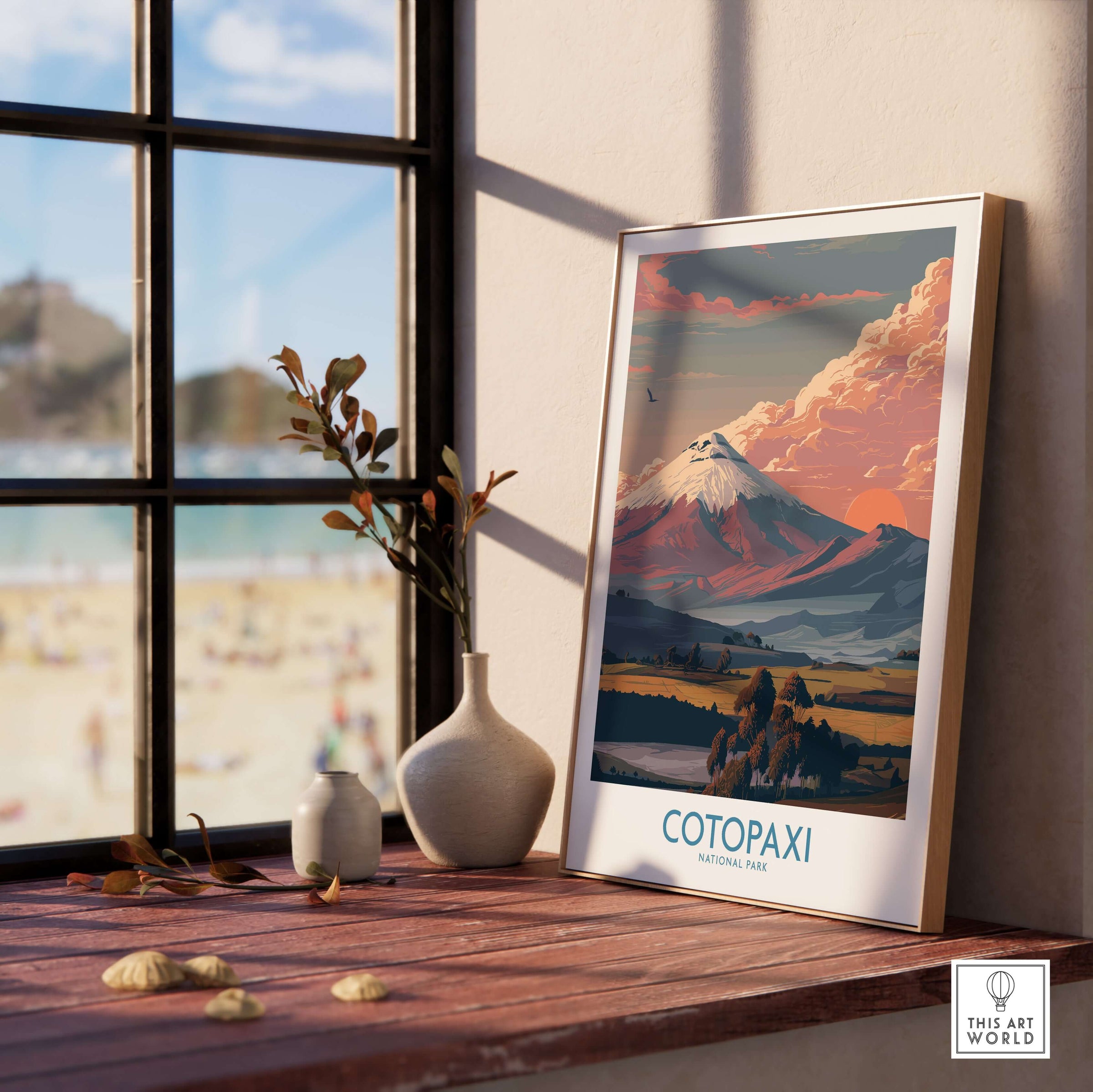 Ecuador Sunset Landscape Poster Cotopaxi Volcano National Park Travel Print Wall Art displayed by a window with beach view.