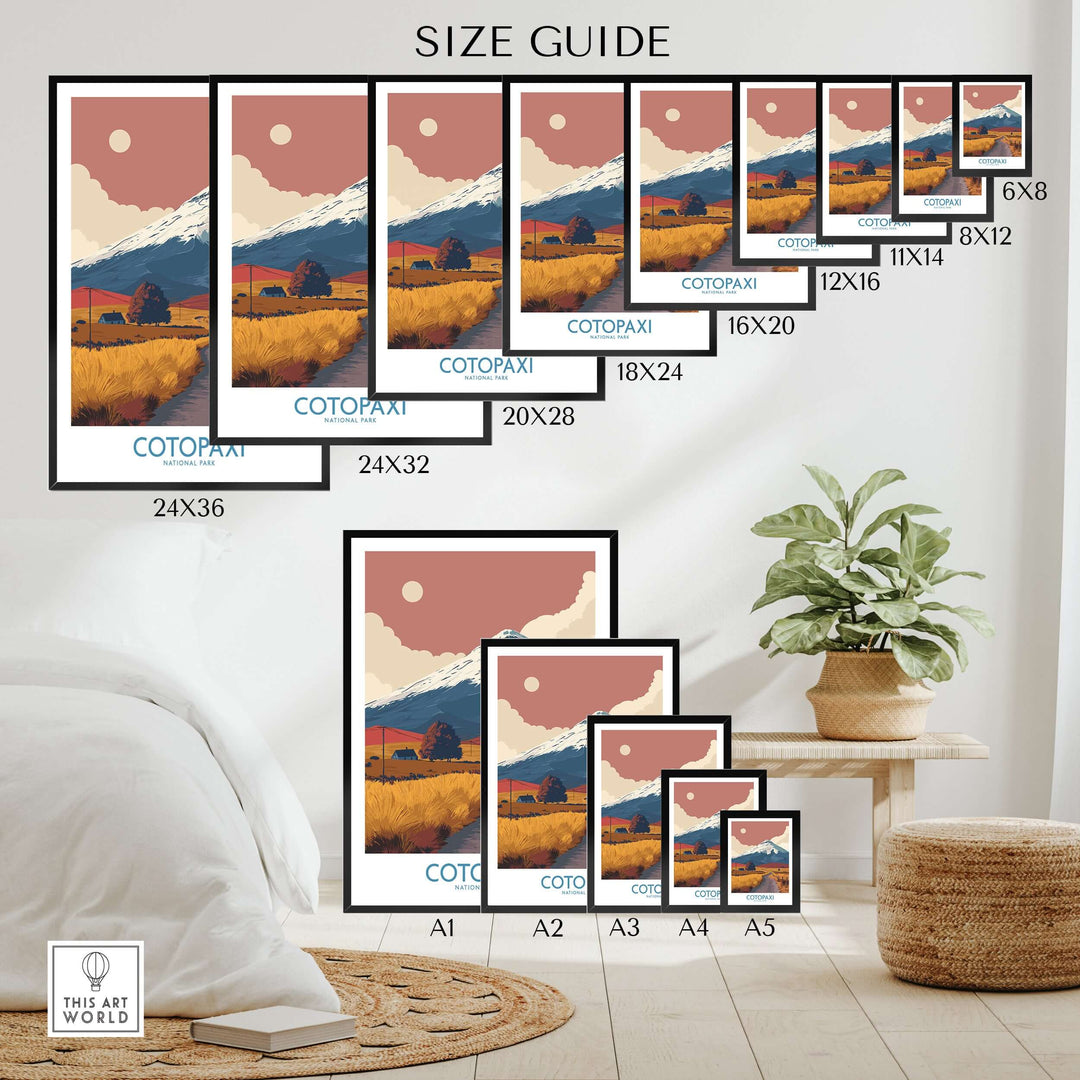 Size guide for Cotopaxi travel posters in various dimensions, showcasing scenic road and volcano landscape.
