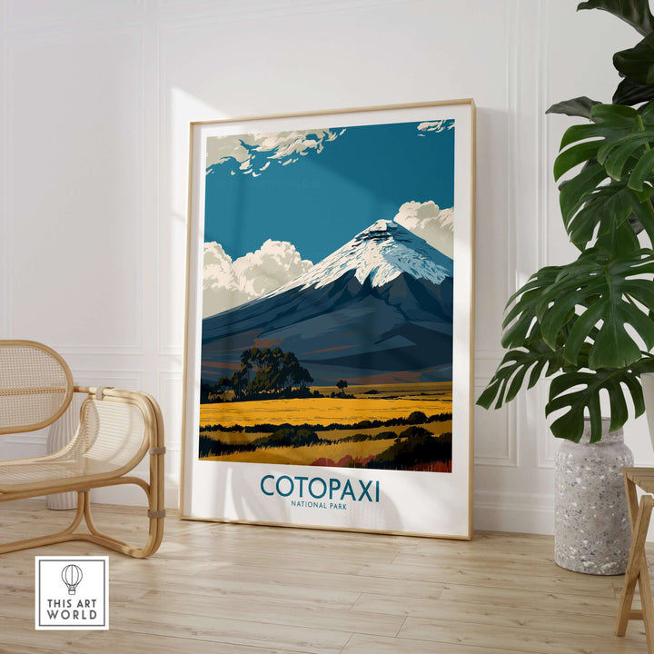 Ecuador Cotopaxi National Park travel poster featuring the majestic volcano against a blue sky and golden grasslands.