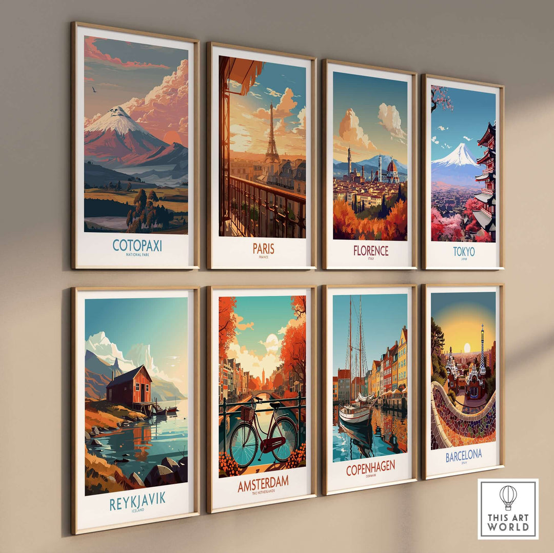 Collage of iconic travel posters including Cotopaxi, Paris, Florence, Tokyo, Reykjavik, Amsterdam, Copenhagen, and Barcelona.