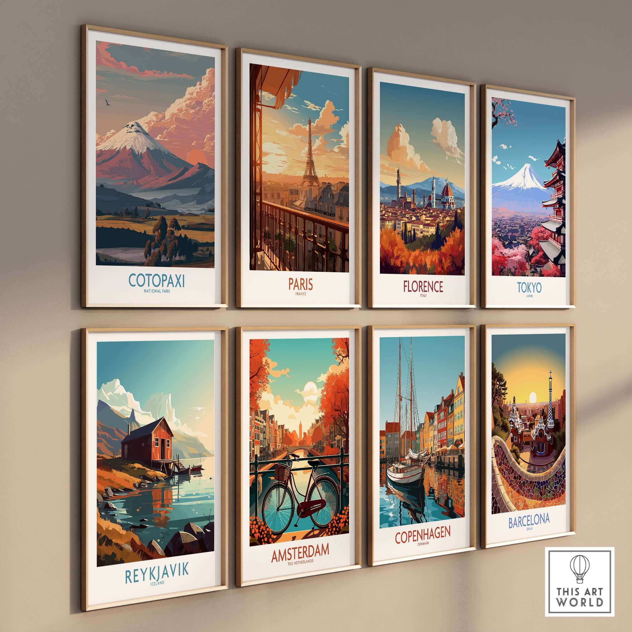Ecuador Sunset Landscape Poster Cotopaxi Volcano National Park Travel Print Wall Art displayed in a gallery setting.