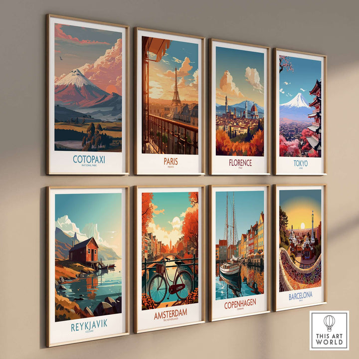 Collage of iconic travel posters including Cotopaxi, Paris, Florence, Tokyo, Reykjavik, Amsterdam, Copenhagen, and Barcelona.