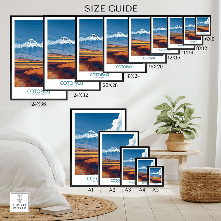 Size guide displaying various frame sizes for Cotopaxi volcano landscape wall art poster.