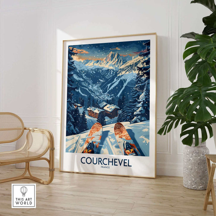 Courchevel Poster France featuring a snowy mountain landscape, framed and displayed in a stylish room with natural decor.