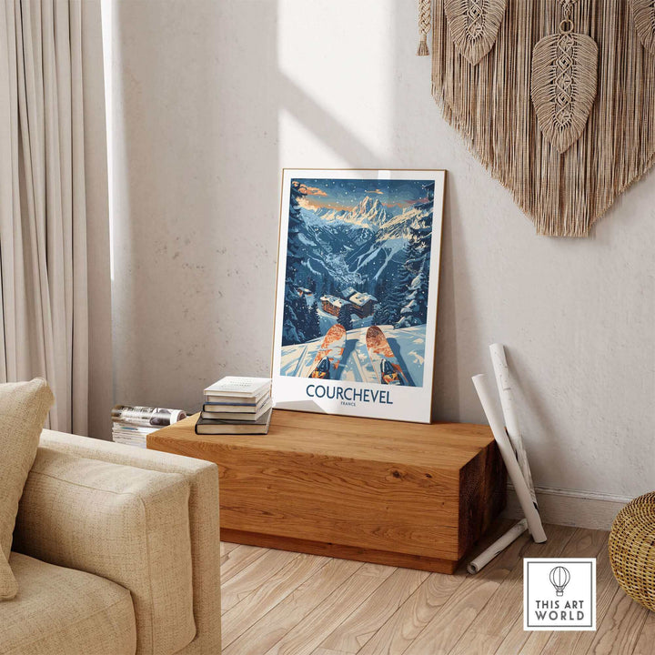 Courchevel Poster France featuring snowy mountain landscape in elegant living room setting with wooden bench and boho decor.