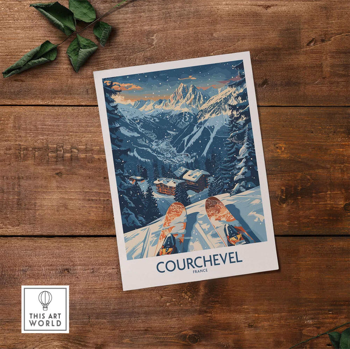 Vintage Courchevel France poster on rustic wooden table, showcasing snowy mountain scenery and skiing theme.