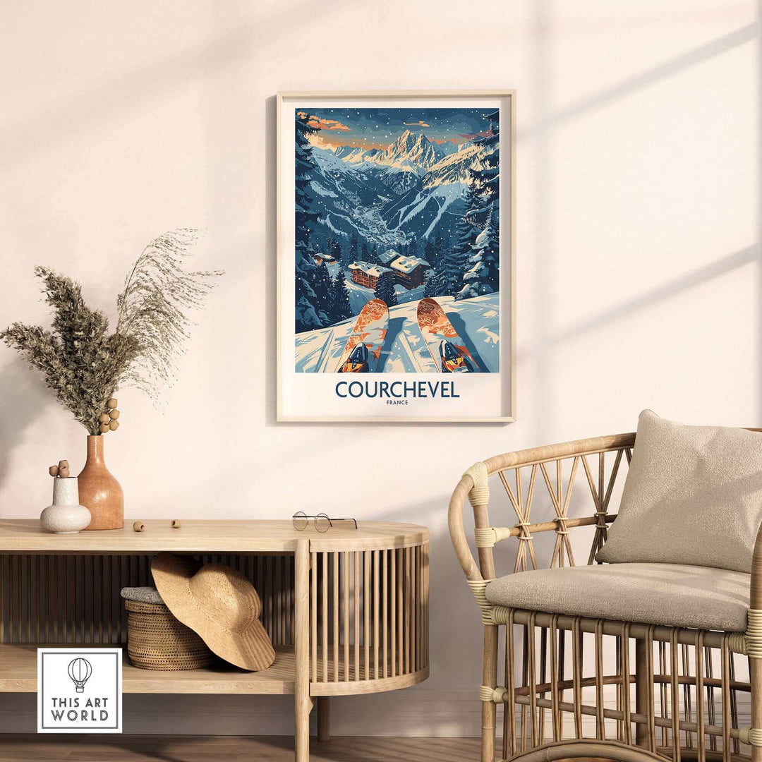 Vintage Courchevel France ski poster in stylish living room setting with wicker chair and wooden decor elements.