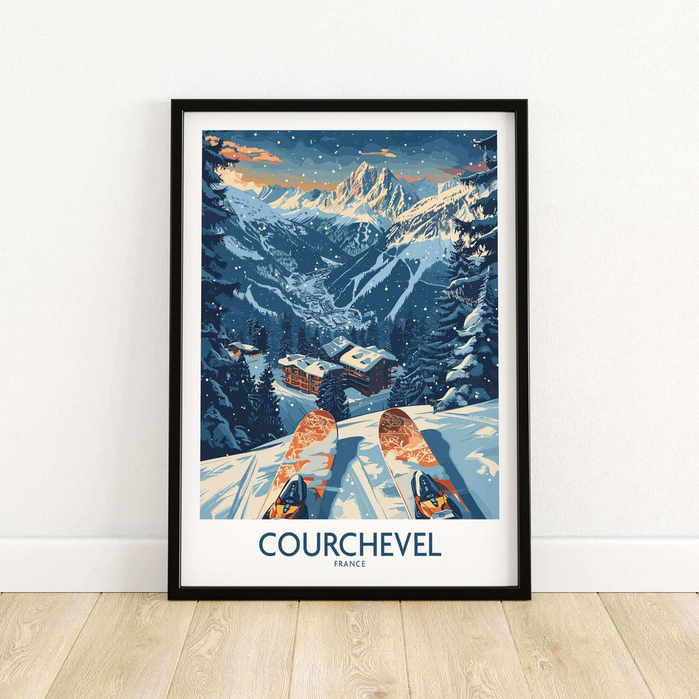 Framed Courchevel poster featuring snowy mountains and skis, perfect for France travel enthusiasts and home decor.