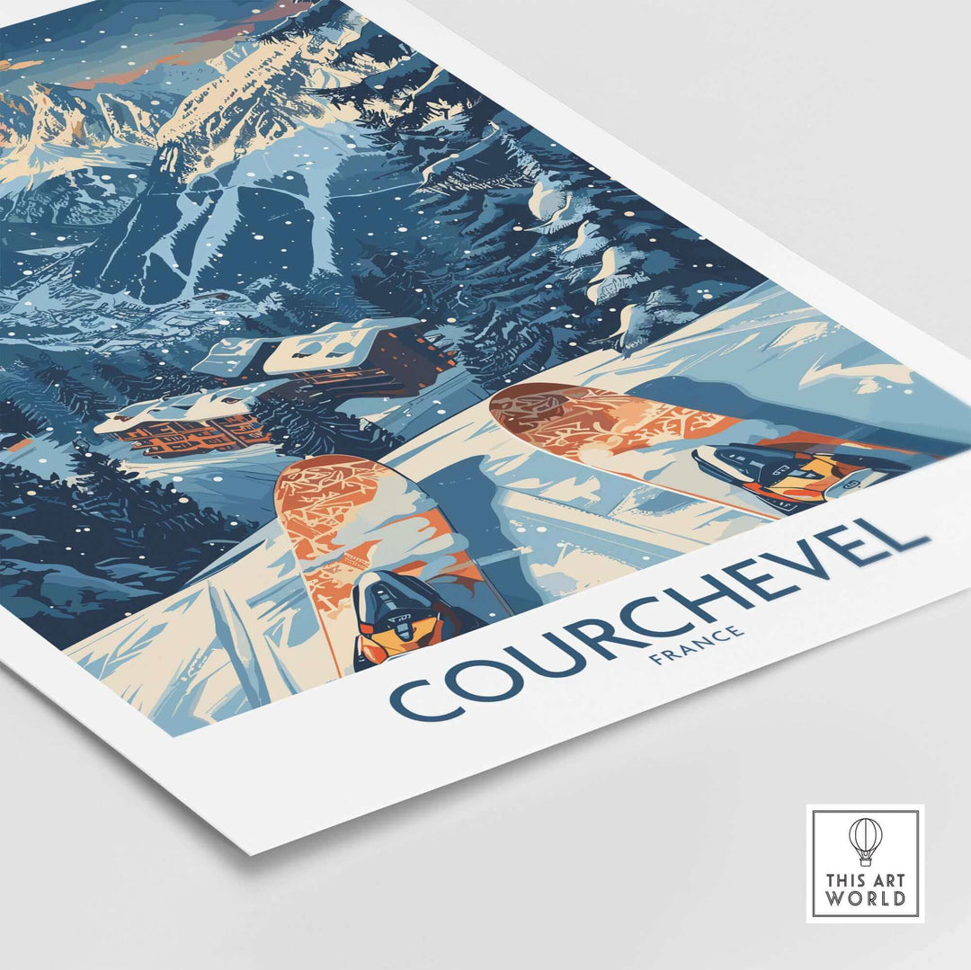 Vintage-style Courchevel poster featuring a snowy ski scene in the French Alps, highlighting beautiful winter landscapes.