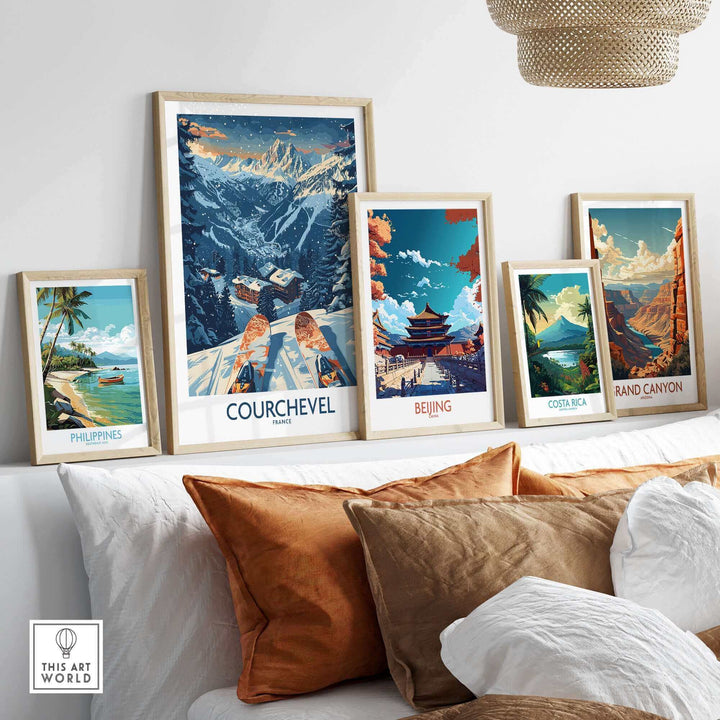 Courchevel Poster France with vibrant travel-themed artwork in a stylish living room wall gallery display.