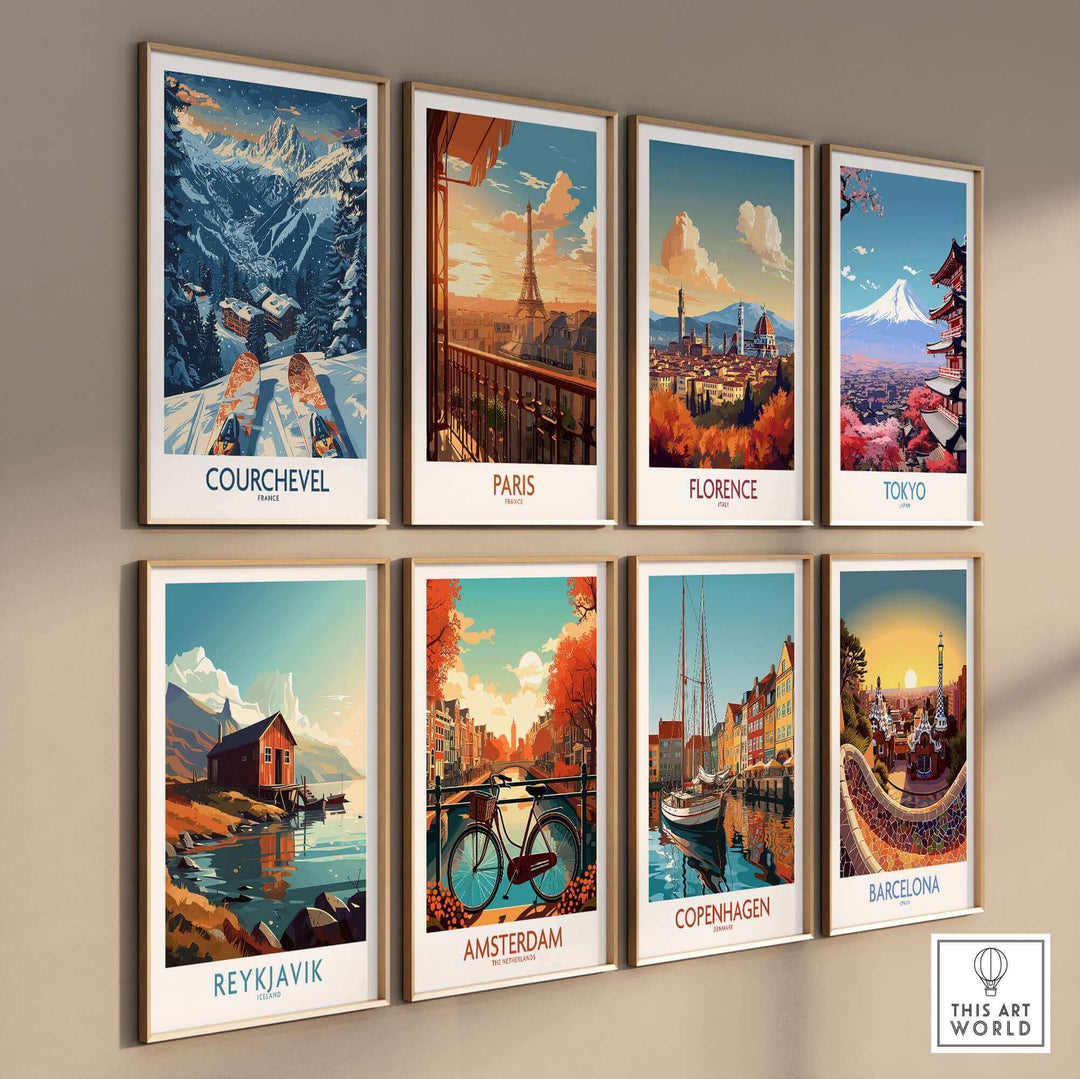 Wall with Courchevel, Paris, Florence, Tokyo, Reykjavik, Amsterdam, Copenhagen, and Barcelona posters from This Art World collection.