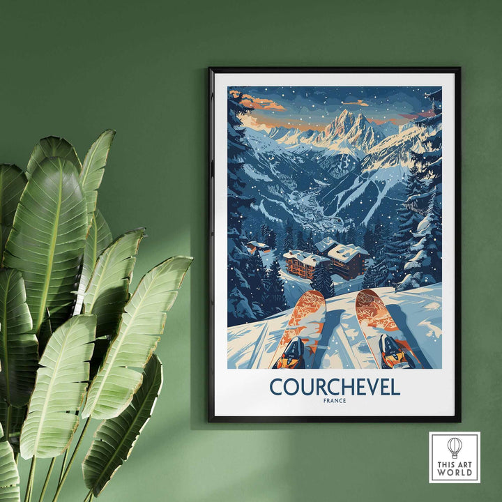 Courchevel France poster featuring a scenic mountain view with skis in foreground, framed and hanging beside green plant leaves.