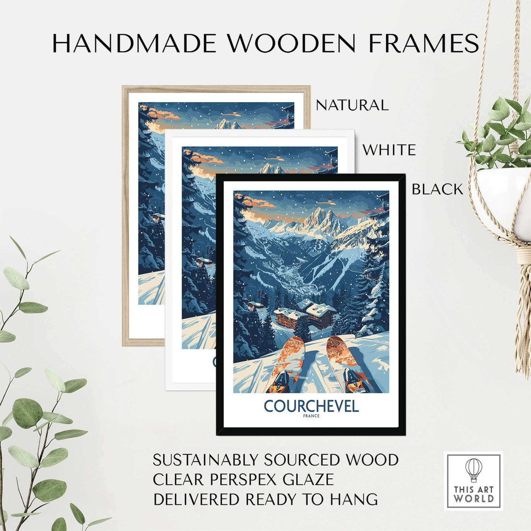 Courchevel poster in handmade wooden frame with natural, white, and black options, featuring snowy mountain scenery, ready to hang.