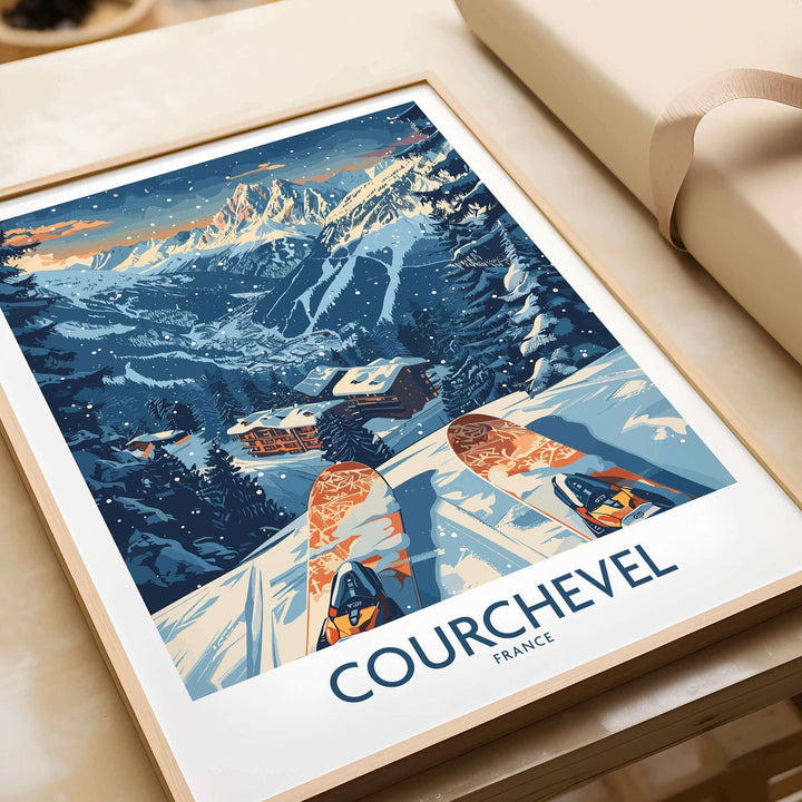 Courchevel France poster featuring snowy mountain ski scene with skis in the foreground, perfect for winter sports enthusiasts and decor.