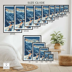 Courchevel Print France wall art size guide displayed in a room with various framed prints showcasing mountain scenery.