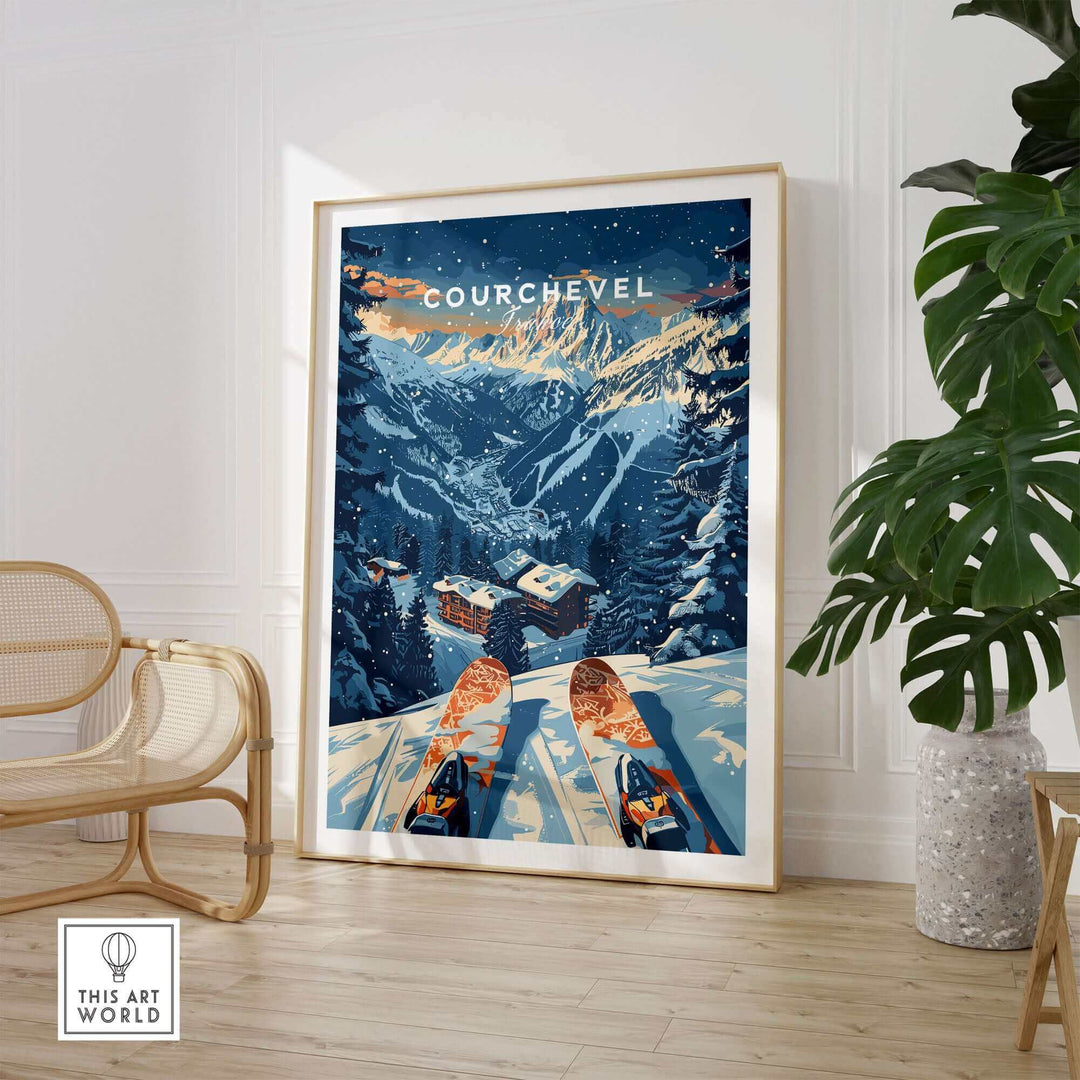 Courchevel France ski poster displayed in modern room with plants, showcasing a winter mountain scene with skis.