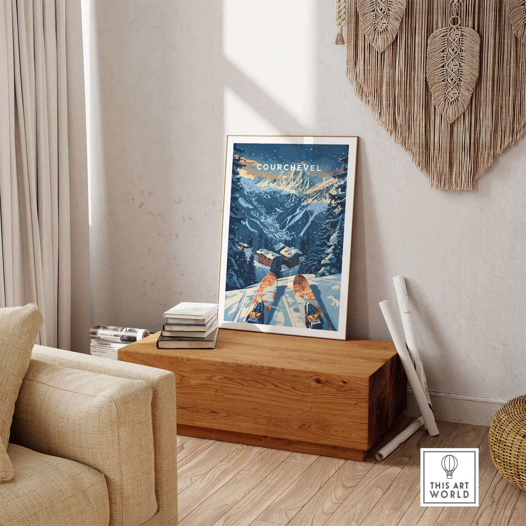 Cozy living room featuring a framed Courchevel print depicting snowy mountains and skis, adding a touch of French alpine charm.