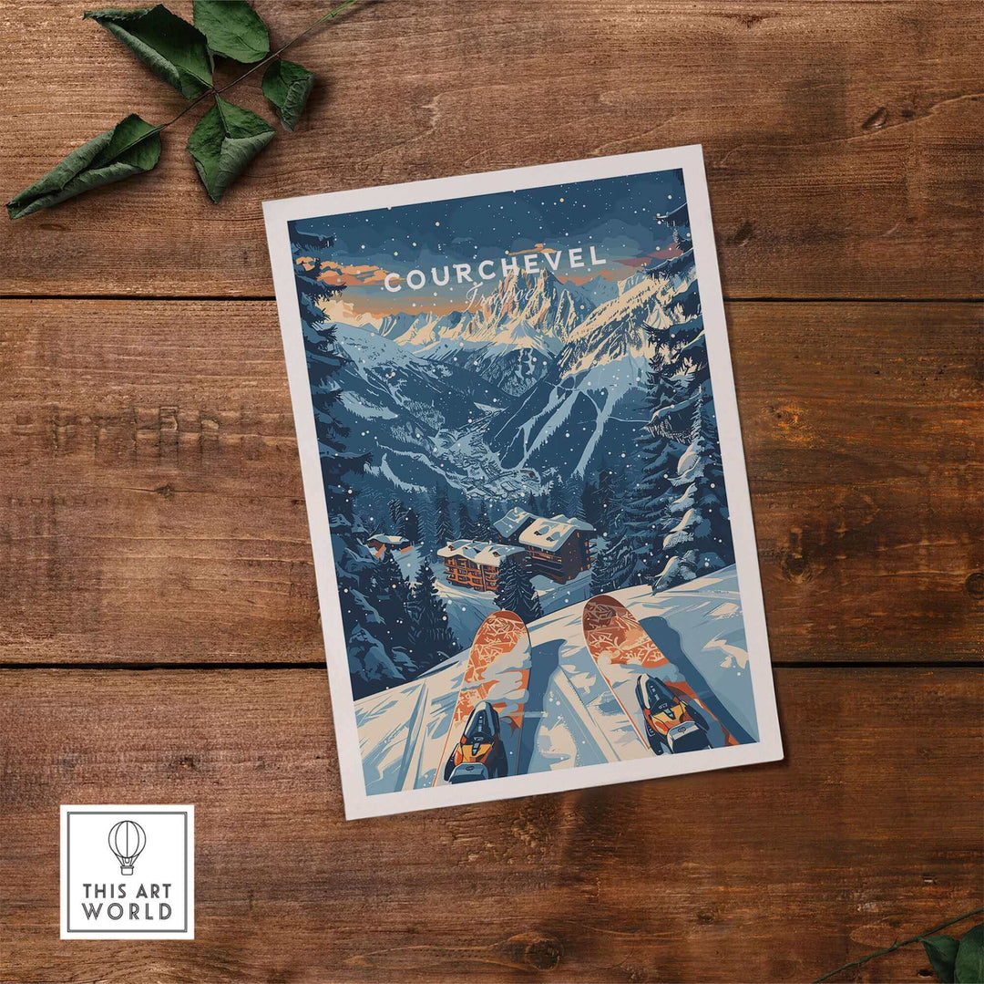 Courchevel ski poster featuring snow-covered mountains and scenic French Alps landscape, perfect for winter sports enthusiasts.