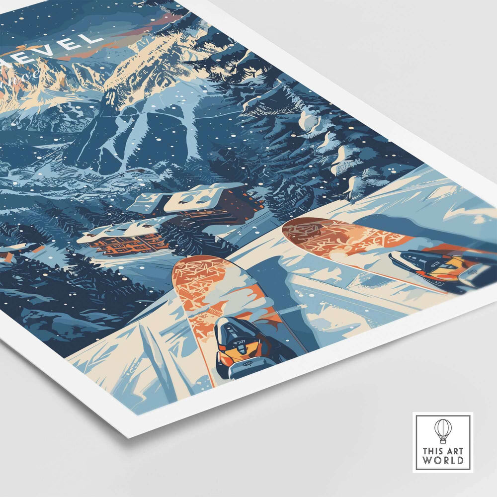 Courchevel print featuring a snowy ski scene in France with vibrant colors and mountain landscape, ideal for travel and winter sports enthusiasts