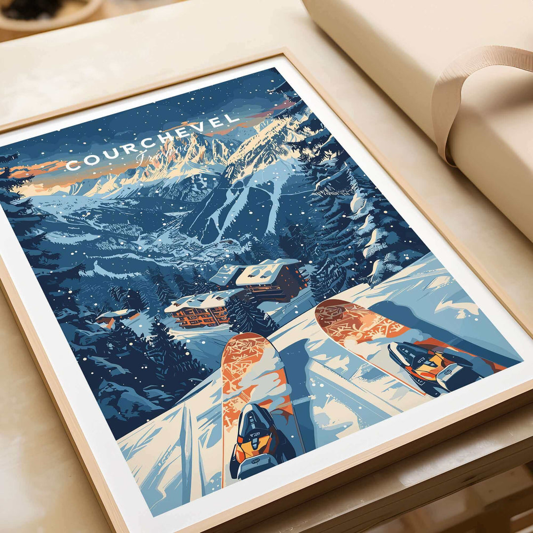 Vibrant Courchevel print featuring a snowy ski scene in France, perfect for home decor and travel enthusiasts.