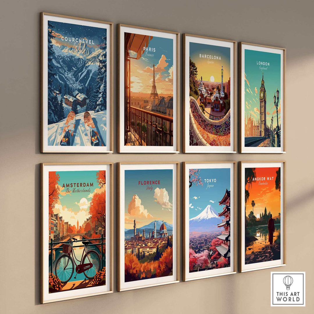 Nine framed travel prints of cities including Courchevel, Paris, Barcelona, London, Amsterdam, Florence, Tokyo, and Angkor Wat displayed on a wall.