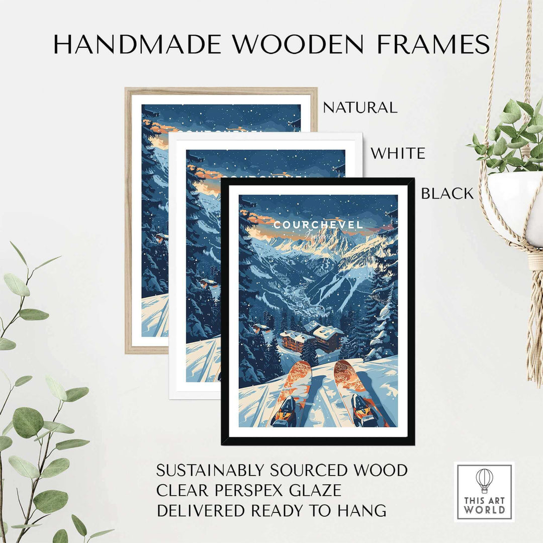 Courchevel print in handmade wooden frames, available in natural, white, and black. Sustainable wood, ready to hang.