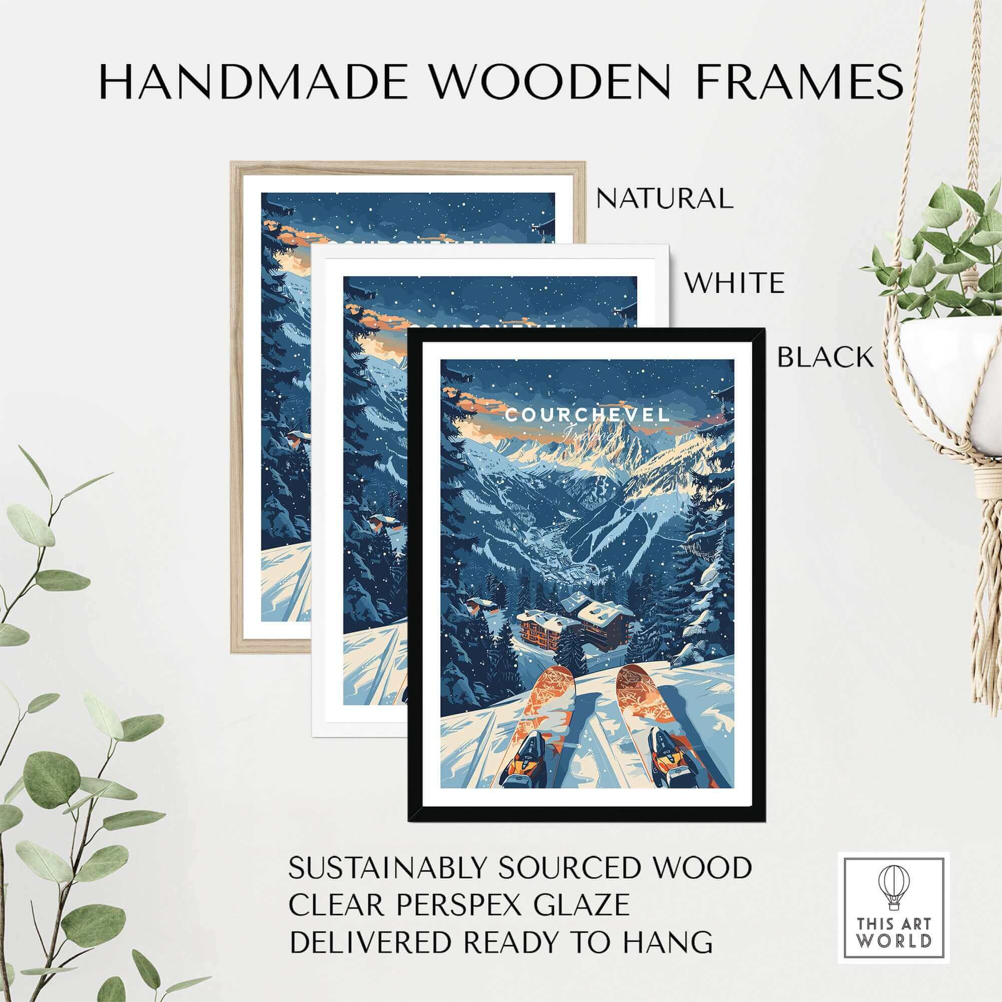 Courchevel print in handmade wooden frames, available in natural, white, and black. Sustainable wood, ready to hang.