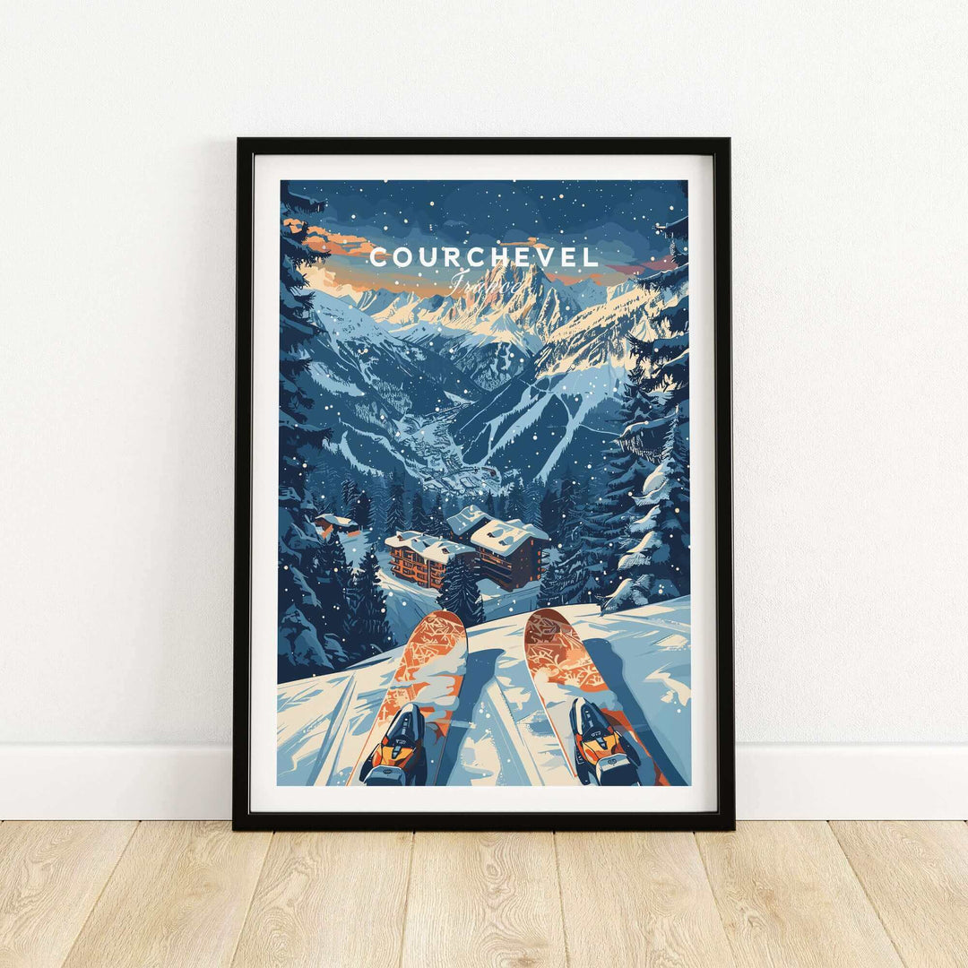 Framed Courchevel ski resort print depicting snowy mountain scene in France, featuring skis and chalets in a winter landscape.