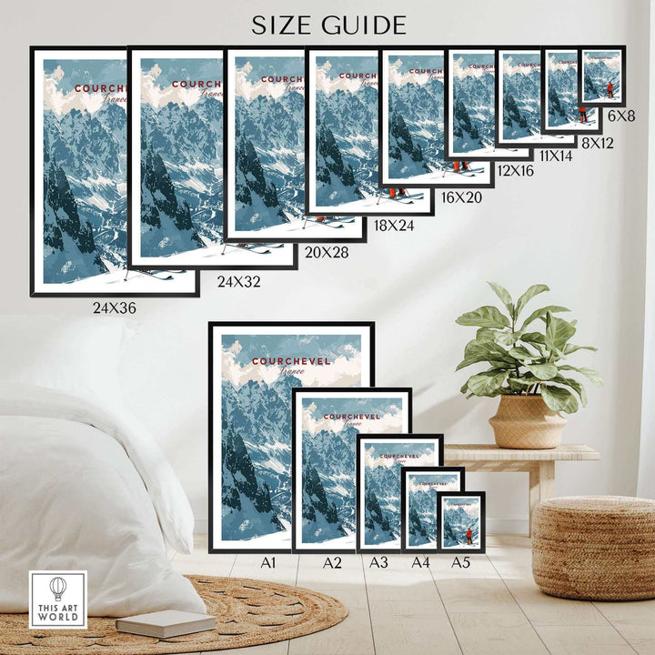 Courchevel Ski Poster size guide, showcasing various dimensions from 6x8 to 24x36, displayed in a modern room setting.