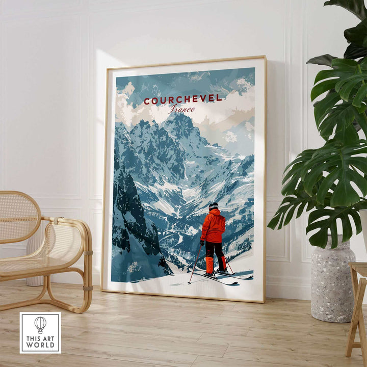 Courchevel Ski Poster featuring a skier in red attire overlooking snowy mountains, perfect for winter sports enthusiasts and home decor.