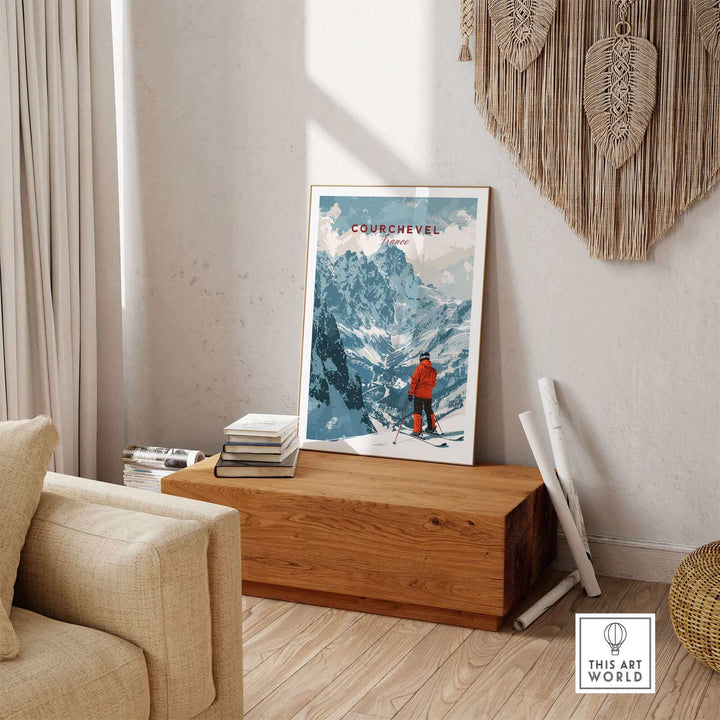 Stylish Courchevel ski poster displayed in a cozy living room, featuring a skier in red against snowy mountain scenery.