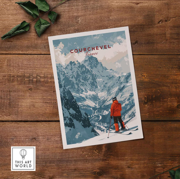 Vintage Courchevel ski poster on wooden table, showcasing scenic mountain view and skier in red, ideal for winter sports enthusiasts.