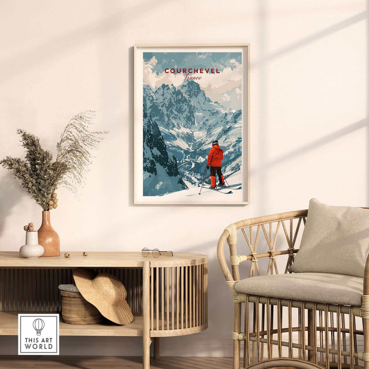 Courchevel ski poster in elegant room decor with skier and mountain view.