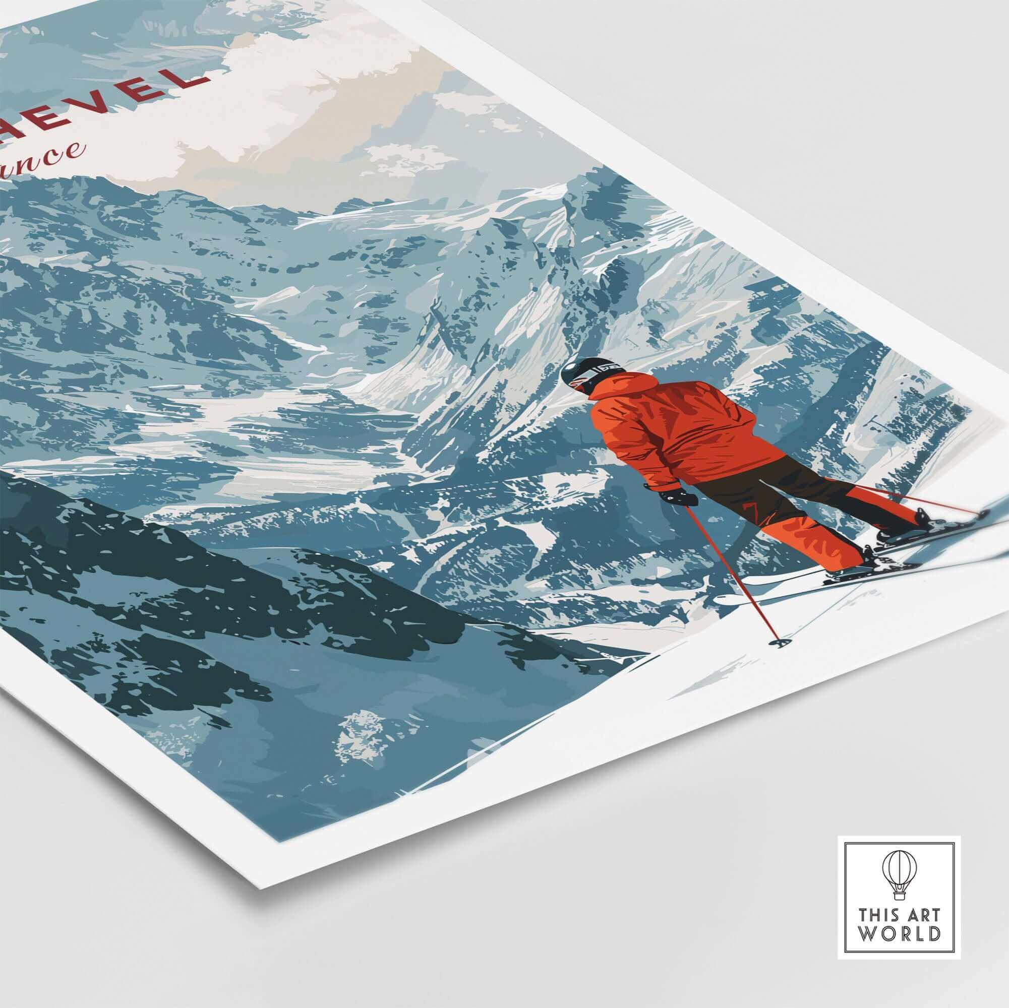 Ski poster of Courchevel with skier in red on snowy mountain slopes, highlighting the French Alps, ideal for winter sports enthusiasts.