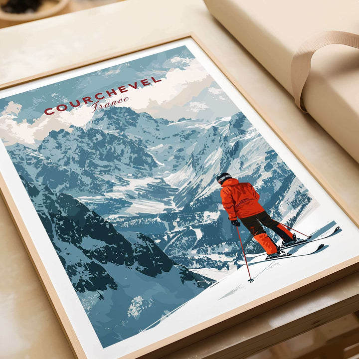 Vintage Courchevel ski poster featuring a skier in red, framed against a snowy mountain backdrop, perfect for winter sports enthusiasts.