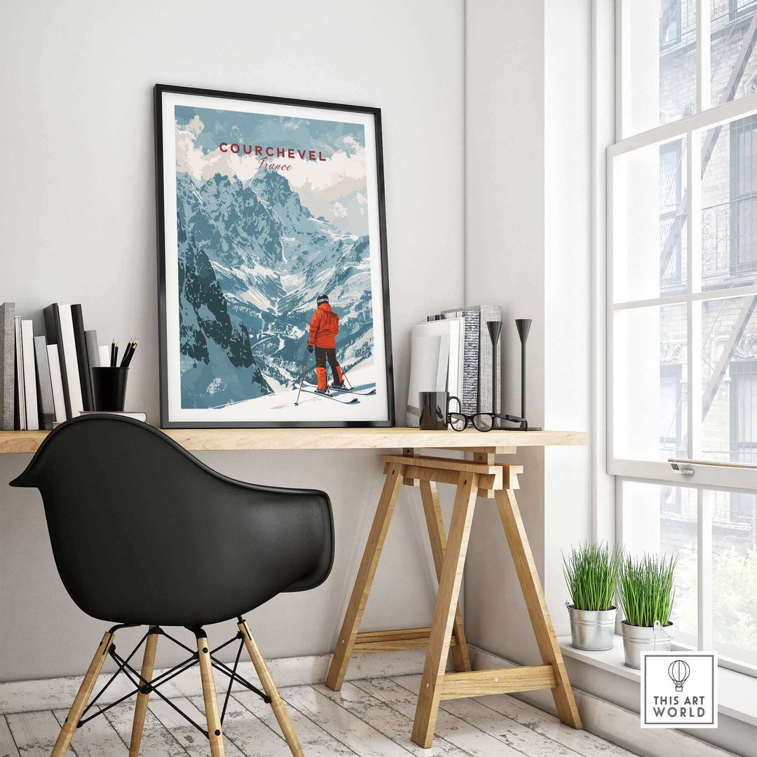 Courchevel Ski Poster in modern room with black chair and desk, showcasing snowy mountain scene and skier in orange jacket.