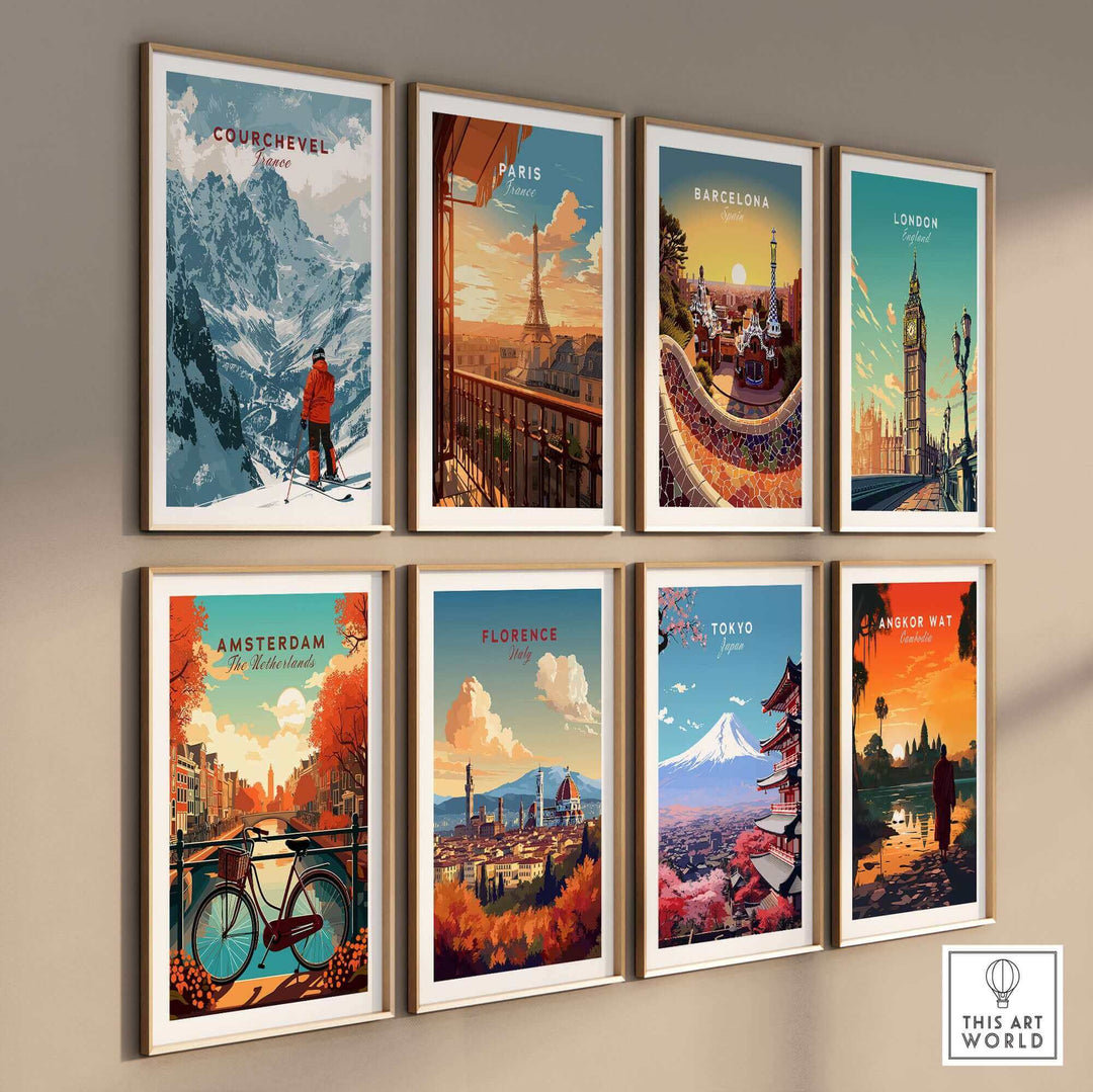 Wall collection of travel posters, including Courchevel ski scene, Paris, Barcelona, London, Amsterdam, Florence, Tokyo, and Angkor Wat.