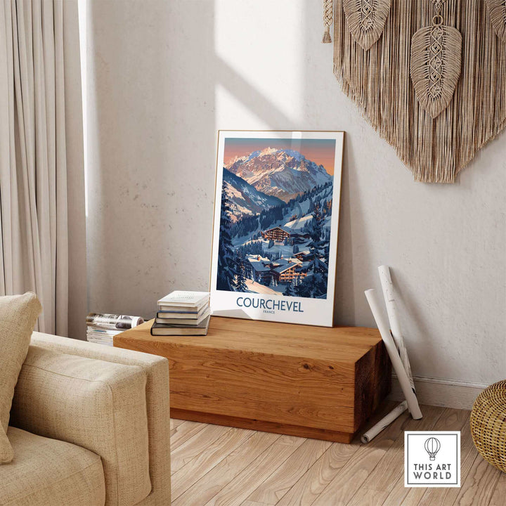 Courchevel Ski Print displayed in a cozy living room, showcasing the beauty of the French Alps and ski culture.