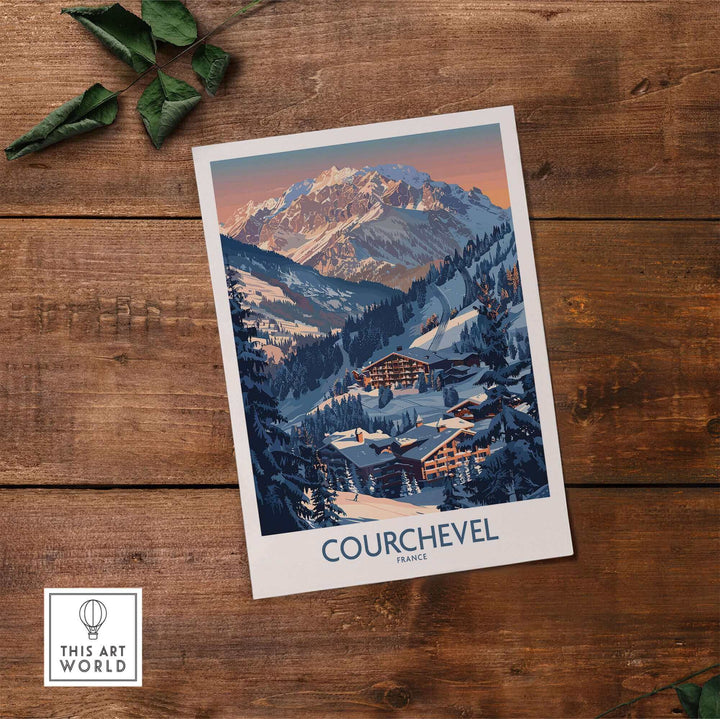 Courchevel ski print featuring stunning mountain scenery and charming chalets in the French Alps, perfect for home decor.