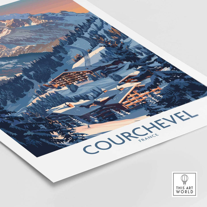 Courchevel ski print showcasing the French Alps, featuring elegant ski resorts and breathtaking mountain scenery.