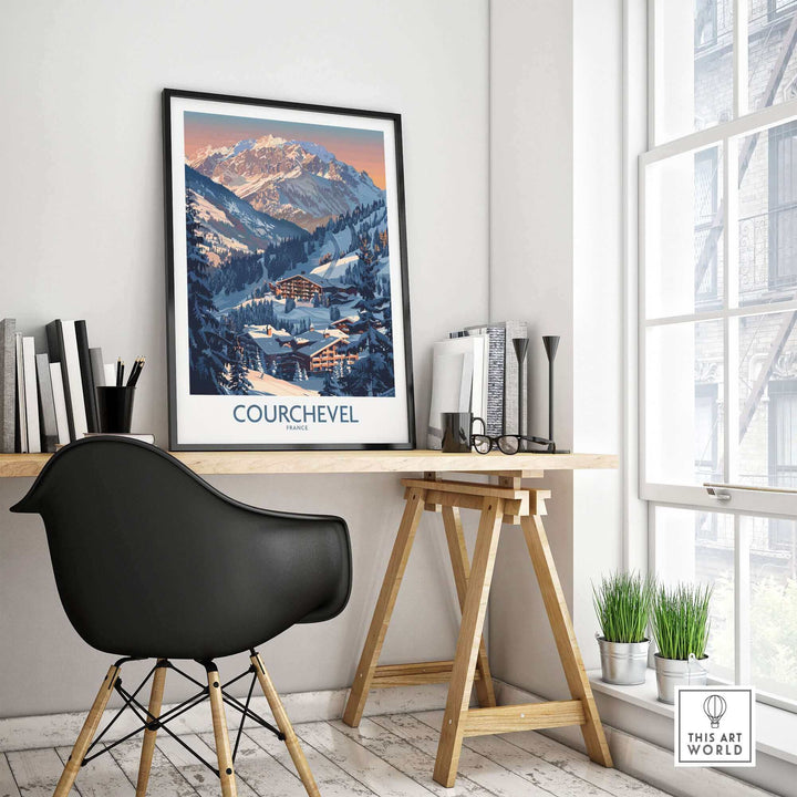 Courchevel ski print framed on a wall, adding elegance to a modern workspace with mountain views.