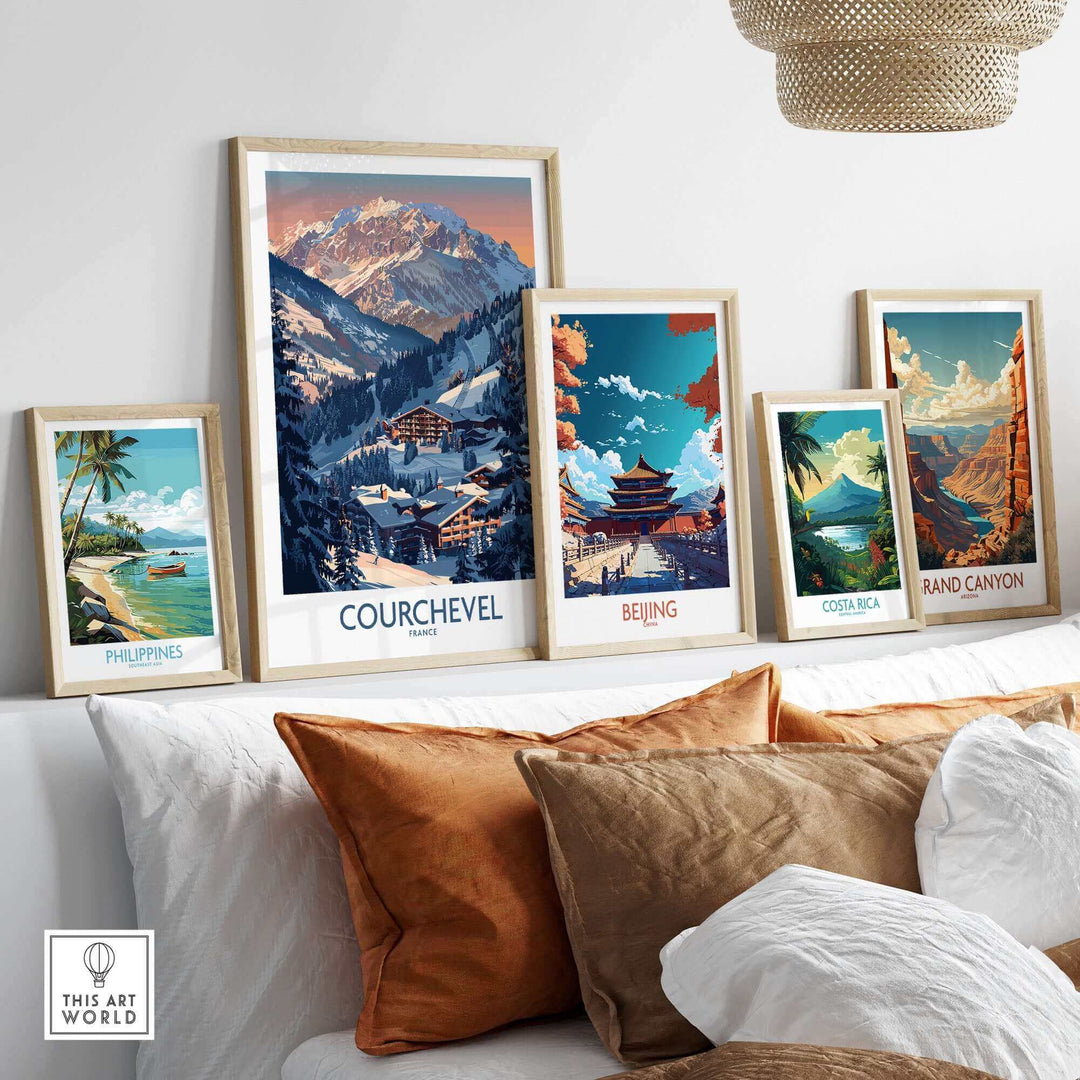 Courchevel ski print in a decorative gallery wall featuring prints from various locations, enhancing home decor with alpine elegance.