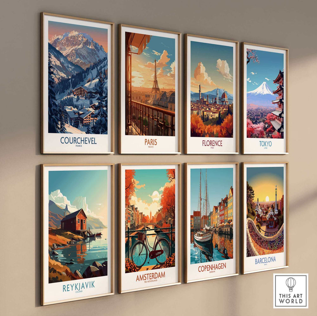 Collection of iconic city and ski prints including Courchevel, Paris, Florence, Tokyo, Reykjavik, Amsterdam, Copenhagen, and Barcelona.