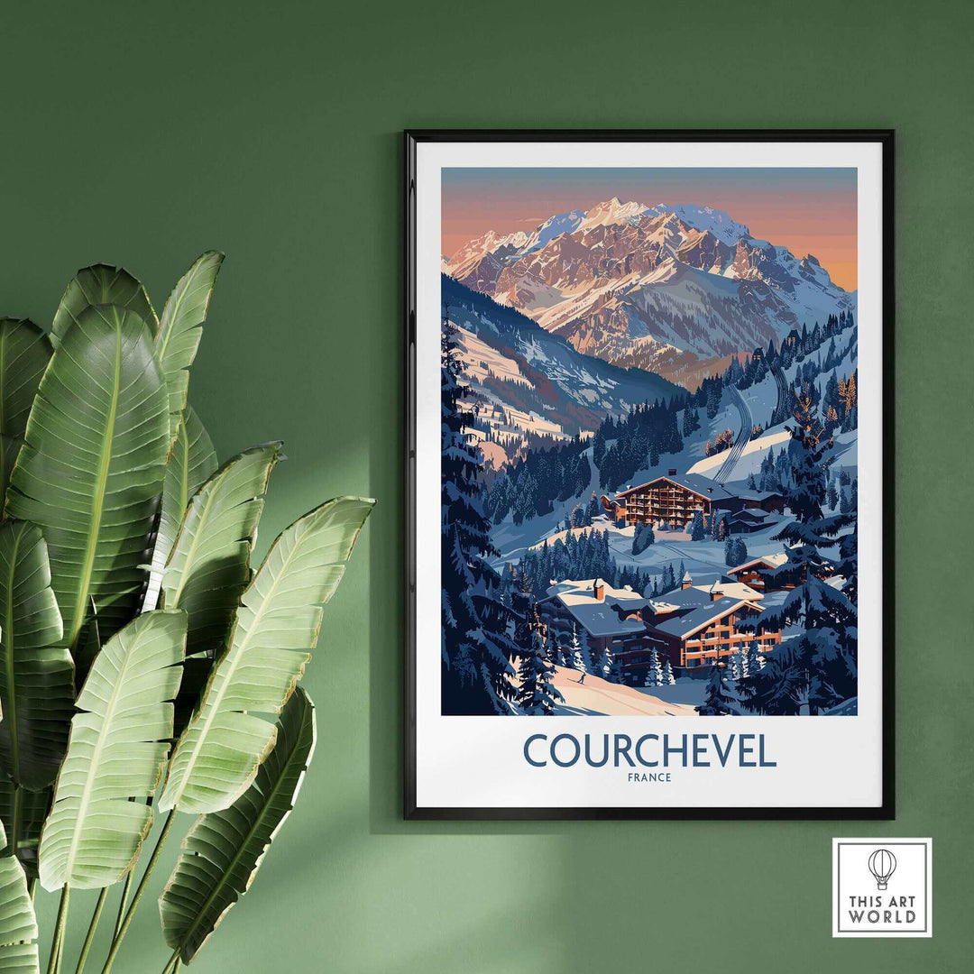 Courchevel ski print showcasing stunning alpine scenery, framed on a green wall with indoor plants. Ideal home decor for ski enthusiasts.