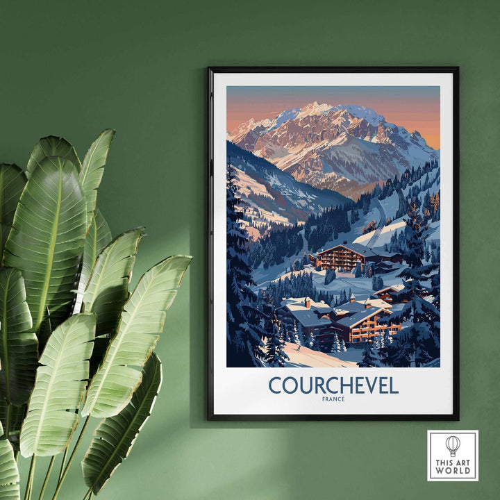 Courchevel ski print showcasing stunning alpine scenery, framed on a green wall with indoor plants. Ideal home decor for ski enthusiasts.