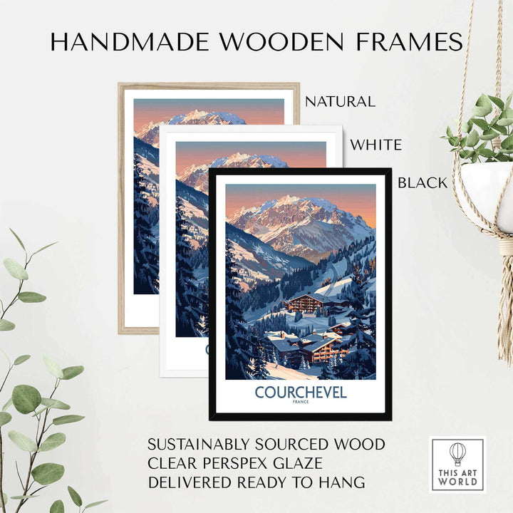 Handmade wooden frames in natural, white, and black for Courchevel ski print, made from sustainably sourced wood.