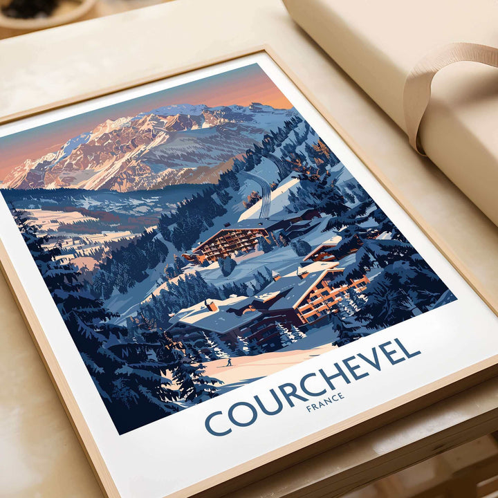 Courchevel ski print showcasing the stunning French Alps and charming alpine architecture, perfect for home decor.