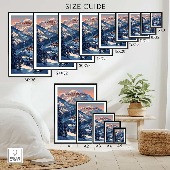 Size guide for Courchevel travel posters in various dimensions displayed in a cozy living space setting.